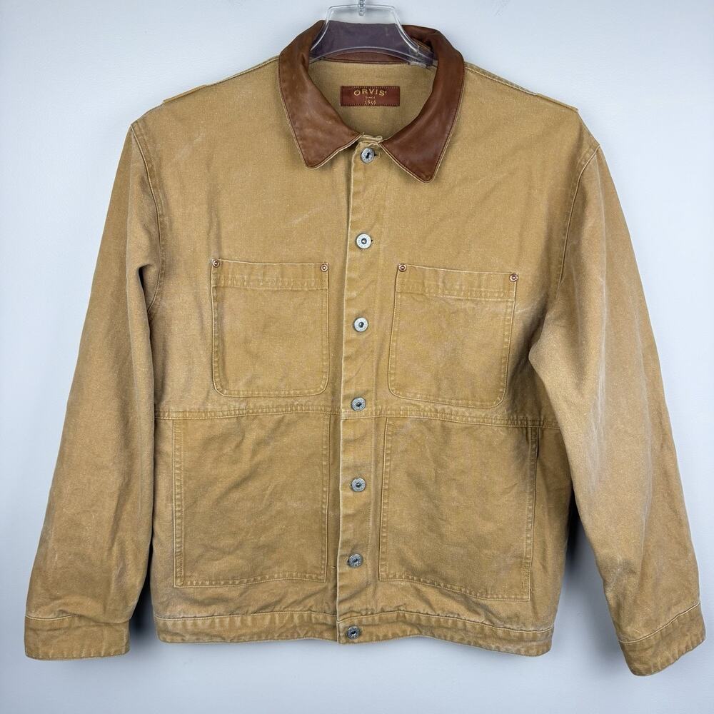 Vtg Orvis Chore Coat Barn Jacket Men's M Brown Canvas Leather Collar Bi-Swing
